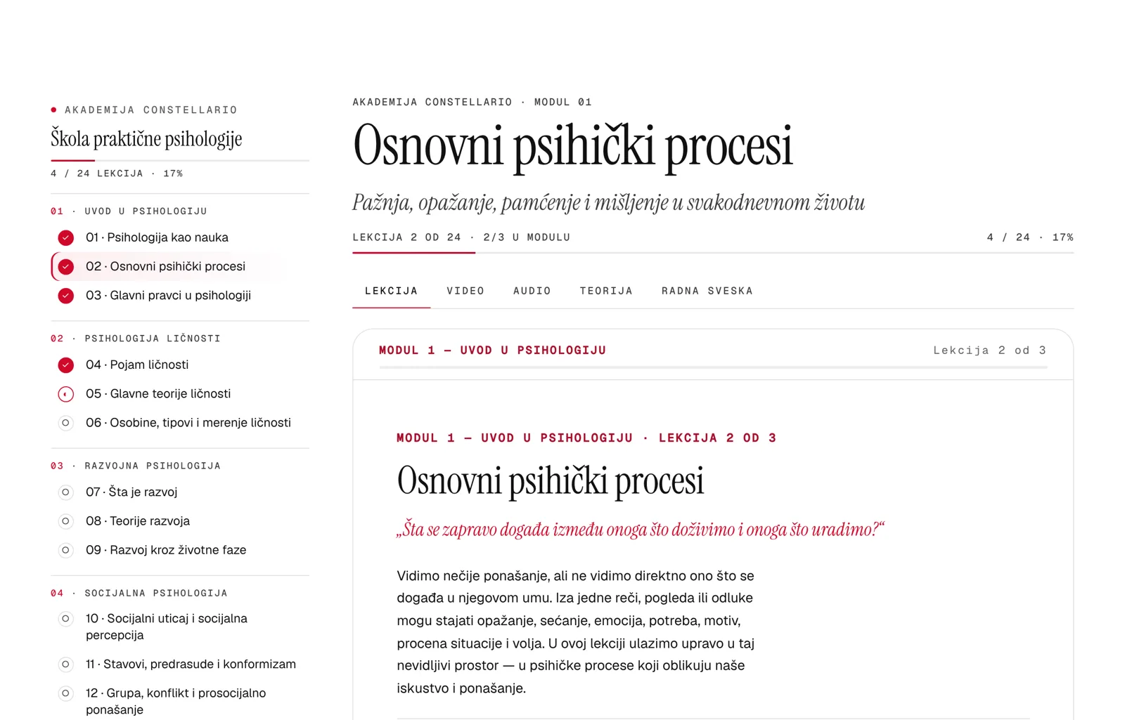 A lesson on the My Constellario platform: training content with progress and the tabs Lesson, Video, Audio, Theory and Workbook